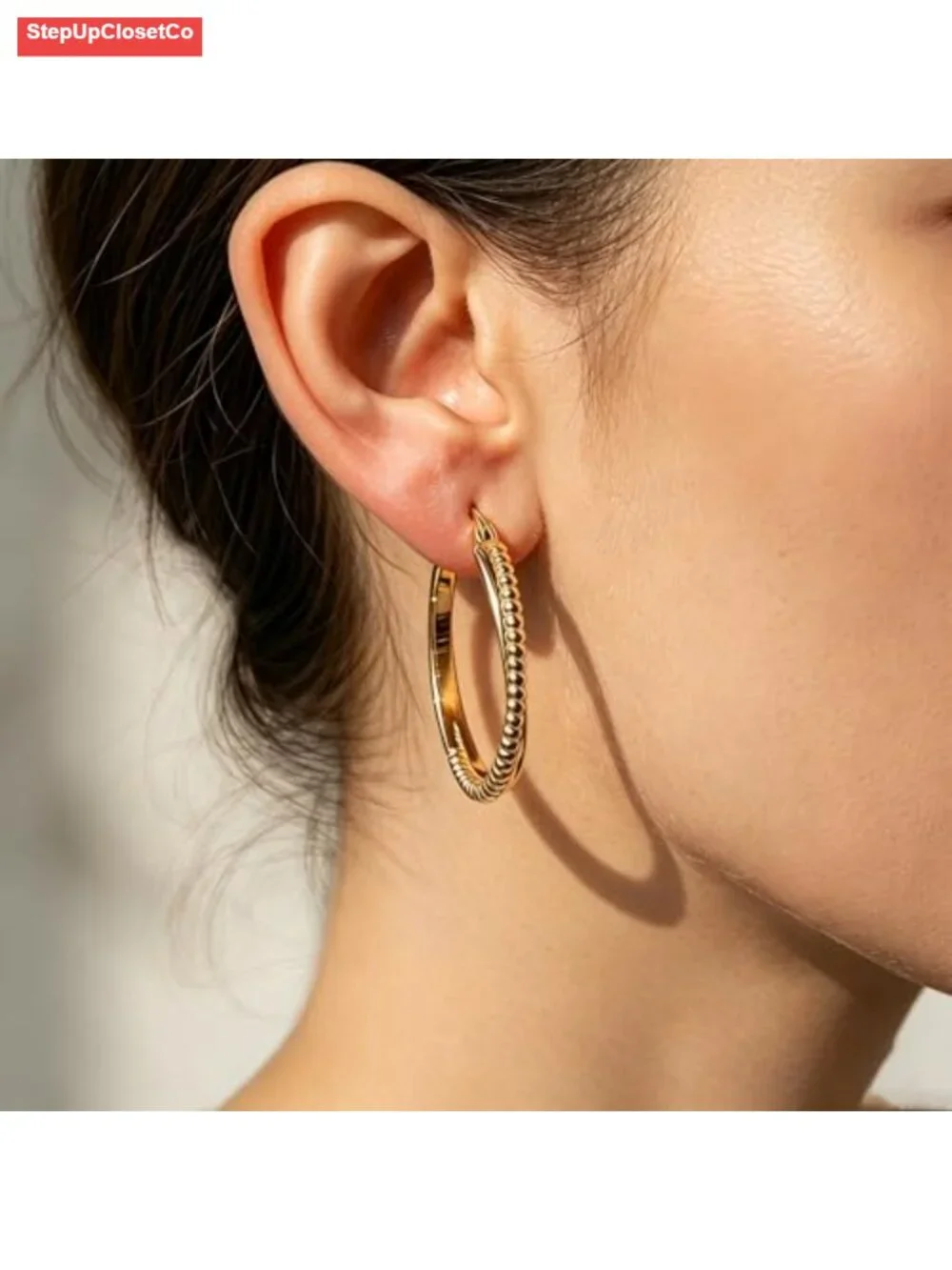 14K Gold Huggie Hoop Earrings Textured Beaded X-Shaped Lightweight 30mm for